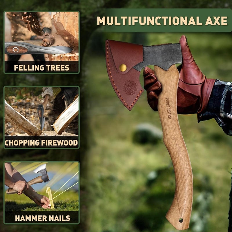 PURPLEBIRD Hatchet Axe with Sheath for Camping, 15 Inch Bushcraft Axe Carbon Steel Chopping Axes Wood Handle Splitting Axes, Hand-Forged Camping Hatchet for Carving Bushcraft Outdoor Forest Garden - Image 4